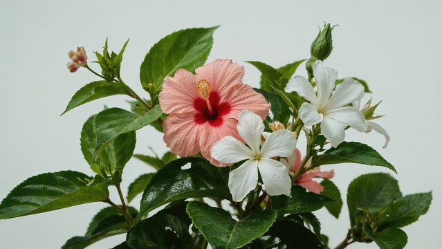 Photo of hibiscus, jungle geranium, and crepe jasmine flowers
