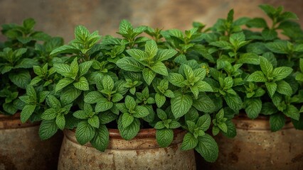 Fresh peppermint in planter pots