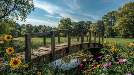 Fototapeta premium Image showing a wooden walkway within a green space
