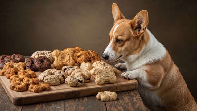 Dog bakery treats and pet nutrition under the watchful gaze of a Welsh Corgi Cardigan.