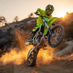 Motocross rider wheelie sunset desert track action