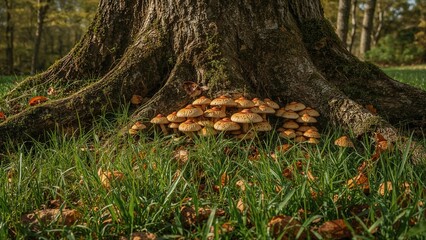 Fototapeta premium Close-up capture of mushrooms in a garden setting during autumn