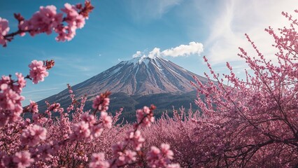 Abundant pink cherry blossoms cover the mountainous landscape in spring