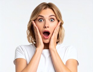 a woman with wide-open mouth and eyes, hands on cheeks, and isolated white background