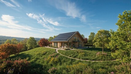 Solar panels installed on a charming home surrounded by vibrant greenery and bright sunlight.