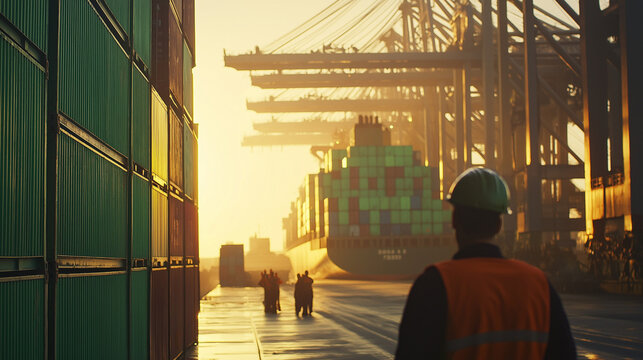 AI generator images of Container cargo ship ,International Freight Forwarding, Global Business Logistics. Cargo ship filled to brim with containers logistics in port Shipping containers being loaded 