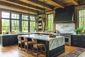 A spacious kitchen boasts a large marble island, dark cabinetry, wood beams, expansive windows showcasing a verdant view, and a dark green range hood with gold accents.
