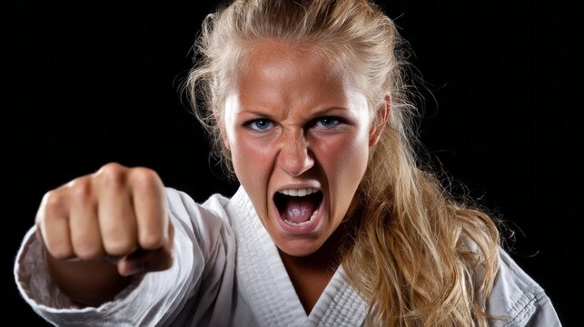 Young woman practices martial arts with determination in a training environment focused on skill and strength