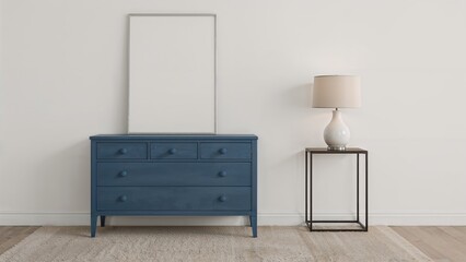 Fototapeta premium Chic interior design of a lounge area with a blue chest of drawers, empty poster mockup, side table, lighting fixture, and beige carpet. Artistic home styling.