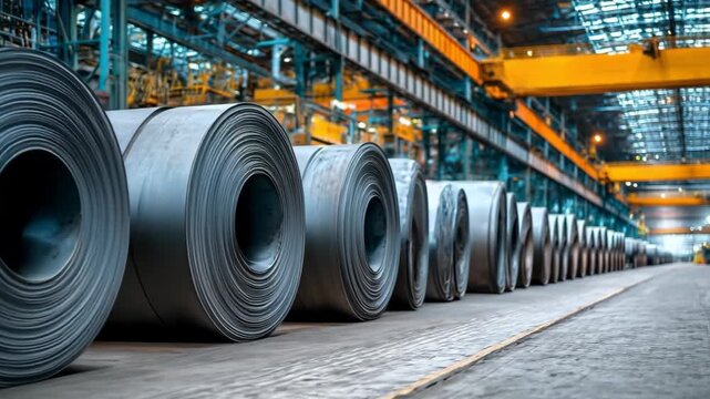 Steel coils in factory: Massive steel coils stand in a row on a factory floor, bathed in the light from the industrial space. Metal industry.