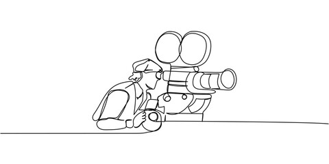 Minimalist outline of a filmmaker with vintage camera, linear retro film production illustration