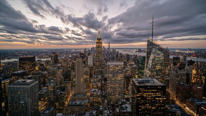 Dusk view of an urban skyline with cloudy skies and illuminated buildings, captured from a tall tower looking northward