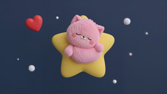 Charming pink fluffy cat lying peacefully on a shining yellow star with white bubbles and a red heart floating in a night sky.