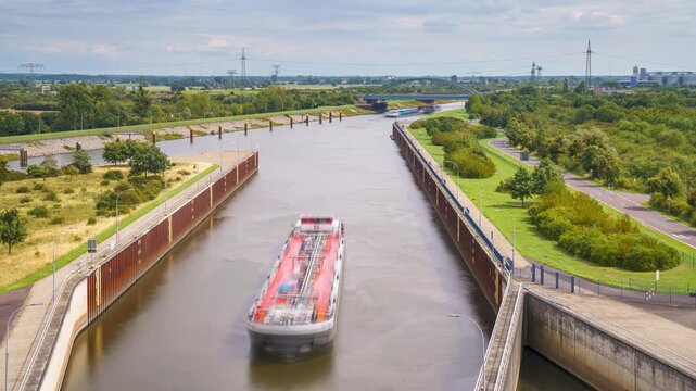 oncoming traffic from cargo ships in the Magdeburg-Rothensee lock (Germany 2025) canal during stormy weather