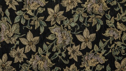 Soft focus on intricate green and purple stitching with gold highlights on dark cloth, showcasing detailed leaf motifs that radiate elegance and classic beauty.