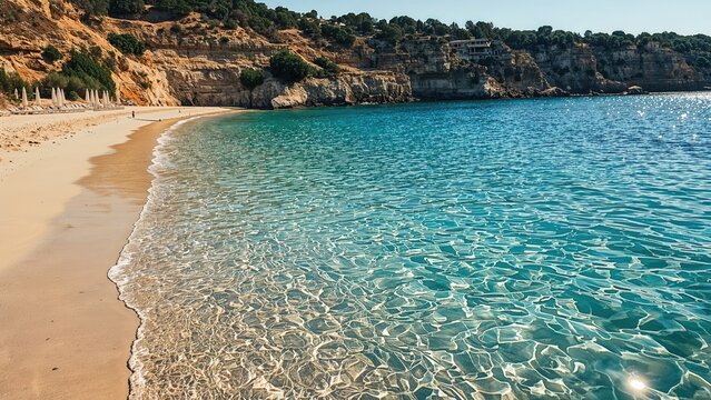 Tracks on the beach beside a sparkling azure lagoon