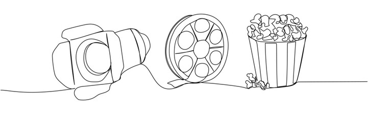 Single line drawing of video camera, film reel, and popcorn minimalist concept of filmmaking and movie snacks