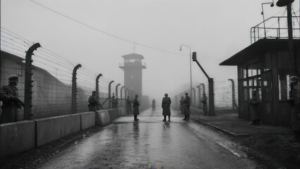 Gloomy prison compound in grayscale