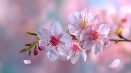 Obraz premium Cherry Blossom's delicate: A branch of cherry blossoms in full bloom, showcasing the delicate petals and vibrant colors against a blurred background, embodying the beauty and ephemerality of nature.