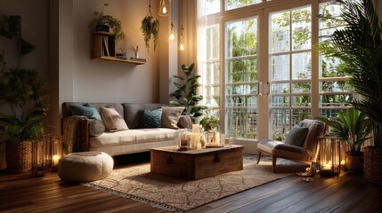 Fototapeta premium cozy living room, warm ambient lighting, indoor house plants, modern furniture arrangement, Scandinavian style interior, comfortable sofa with cushions, aesthetic home design, relaxing living 