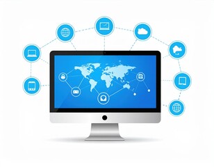Modern Computer Display With Global Network Icons