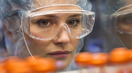 Researcher wearing protective gear in a sterile biosafety laboratory