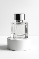 Naklejka premium Elegancki szklany flakon na perfumy ze srebrną nakrętką na białym postumencie