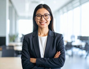 Businesswoman wearing glasses, confident smile, and professional look