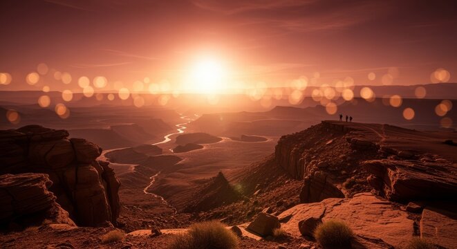 Canyon Scenic Red Sunset Landscape with Group Standing on Cliff Edge