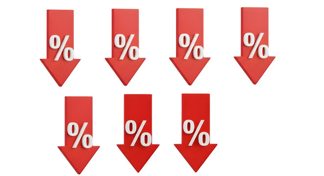 Red downward arrows with percentage symbols isolated on transparent background