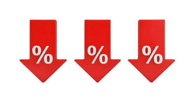 Three red downward arrows with percent signs isolated on transparent background
