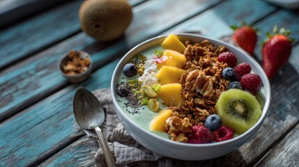 healthy breakfast, smoothie bowl with fruit, fresh berries and seeds, organic granola topping, wooden table breakfast setup, colorful healthy food, clean eating lifestyle, vegan breakfast bowl, 