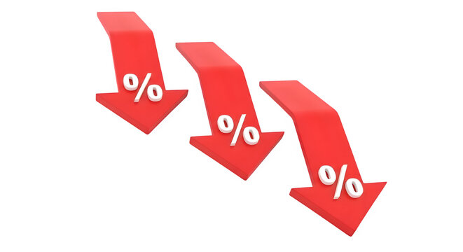 Three red downward arrows with percentage signs isolated on transparent background
