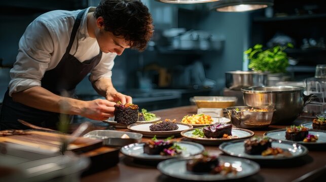 gourmet plating, professional chef at work, luxury fine dining, modern restaurant kitchen, artistic food presentation, culinary craftsmanship, chef preparing high-end meal, food styling inspiration, 