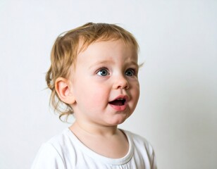 Child opening eyes and mouth in amazement, standing against white background