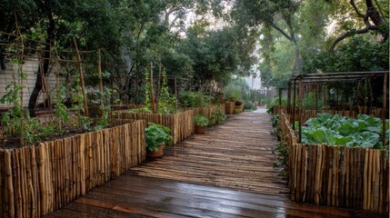 Serene Garden Pathway Surrounded by Greens and Lush Foliage in a Tranquil Outdoor Setting