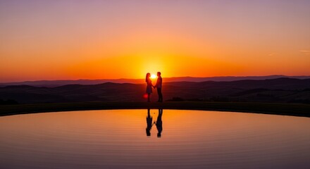 Fototapeta premium Romantic Couple Silhouetted at Scenic Sunset Lake Holding Hands