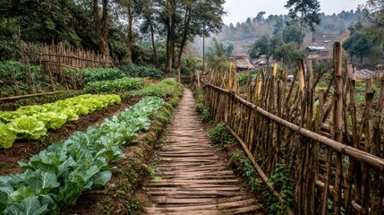 Fototapeta premium Lush Vegetable Garden Pathway Surrounded by Fencing and Scenic Mountain Landscape in Early Morning Light