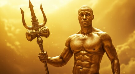 Fototapeta premium Golden skinned warrior holding trident bathed in divine light and power