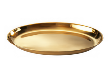Golden plate, shiny metal tray, round serving dish, decorative platter, kitchenware, elegant design, gold finish isolated on transparent background