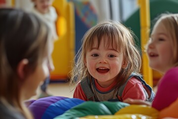Obraz premium Child joyfully engages with friends during a playful afternoon at a recreation center