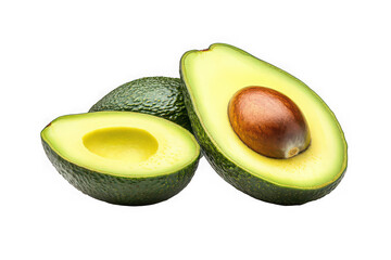 High-resolution image of fresh avocado cut in half with seed and whole avocado, perfect for healthy eating and recipe illustrations isolated on transparent background