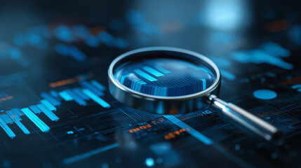 3D magnifying glass over floating data charts, search and analytics concept, blue tech background