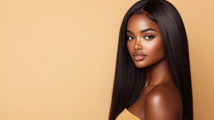 A woman with long black hair is standing in front of a tan background