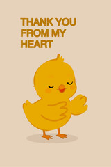 Cute yellow chick with closed eyes and folded wings, expressing gratitude — cartoon vector illustration