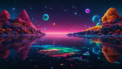 A surreal dreamscape with floating geometric shapes in vibrant neon colors, glowing against a starry night sky