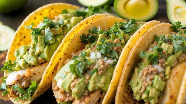 Chicken tacos garnished with guacamole, onion, and cilantro are served on wooden cutting board.