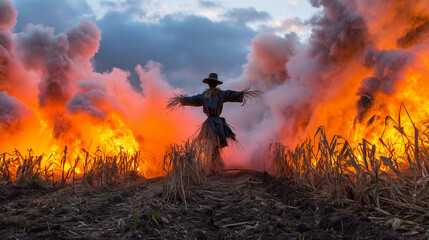 Fototapeta premium A terrifying scarecrow stands silhouetted in a field against a raging inferno, a truly horrific and apocalyptic scene for a scary halloween night with fire and smoke.