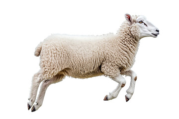 A fluffy white sheep running across a transparent background, isolated on transparent background