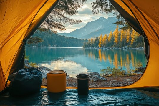 Morning camping view of serene lake surrounded by mountains and forest in tranquil nature setting